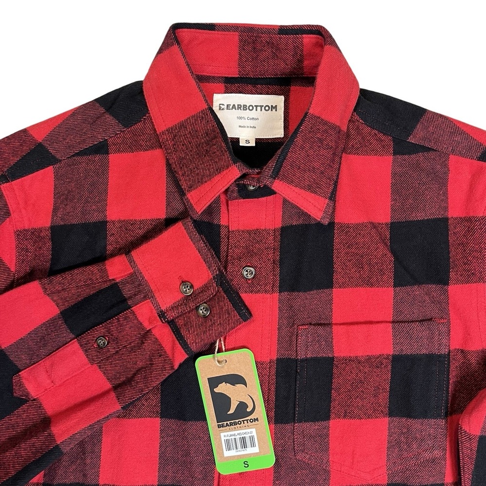 New Bearbottom Flannel Shirt Men Small Red Black Buffalo Check Cotton Outdoors